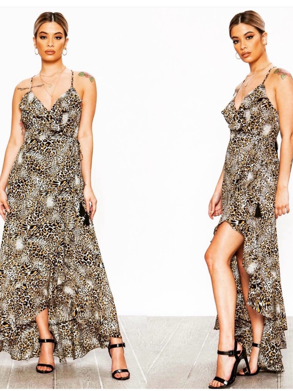 Jealous Tomato Leopard Print High-Low Wrap Maxi Dress - Brown & Black